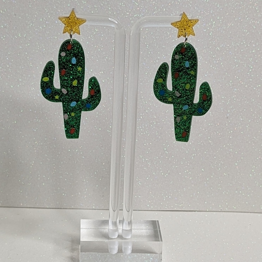 Cactus Christmas Decoration Multi Color Bulbs Glitter Drop Earrings - Picture 3 of 6